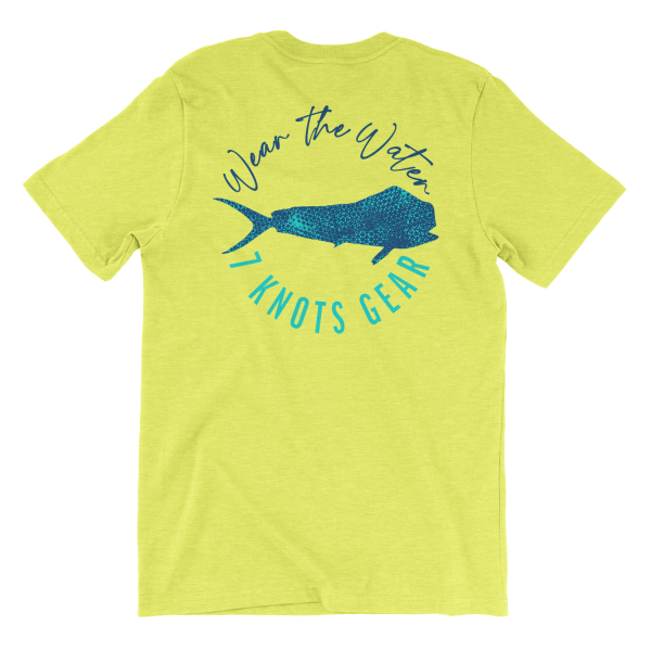 mahi fishing t-shirt - yellow with blue fish and wear the water - 7 knots gear around