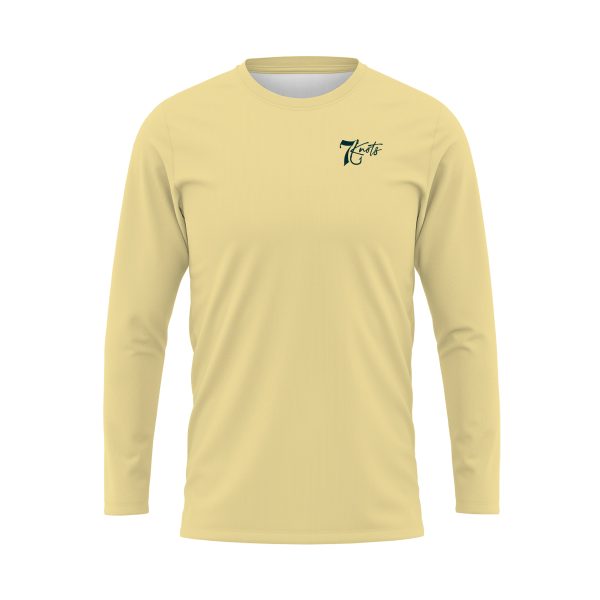 Board Vibes is a pale-yellow long-sleeved shirt with the 7 Knots logo on the front