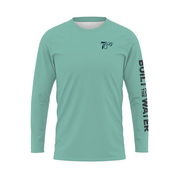 Island Time is a long-sleeved shirt with the 7 knots logo on the front and built for the water written down the sleeve