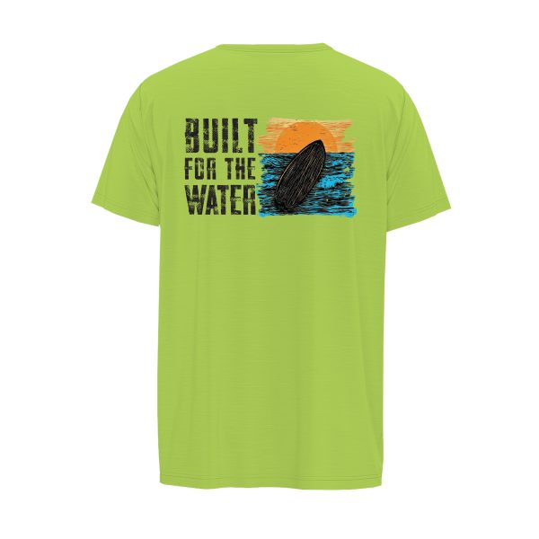 short sleeve fishing shirt - Sunset Surf - Back of green shirt shows the words built for the water and has an image of a surf board in front of a sunset