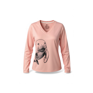 Women's Manatee long sleeve performance shirt. Pink shirt with manatee illustration